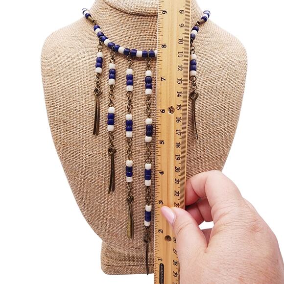 Vintage 1970s Boho Brass Fringe Bib Necklace Blue White Ceramic Beads Festival - Picture 8 of 8